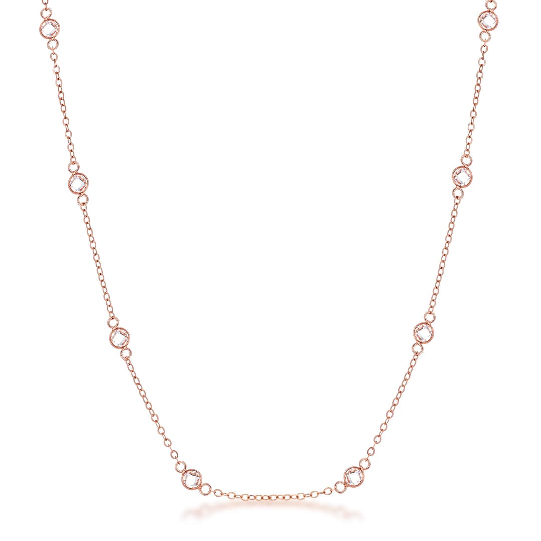 16" 18k Rose Gold Plated Clear CZ Round Bezel Saturn Necklace