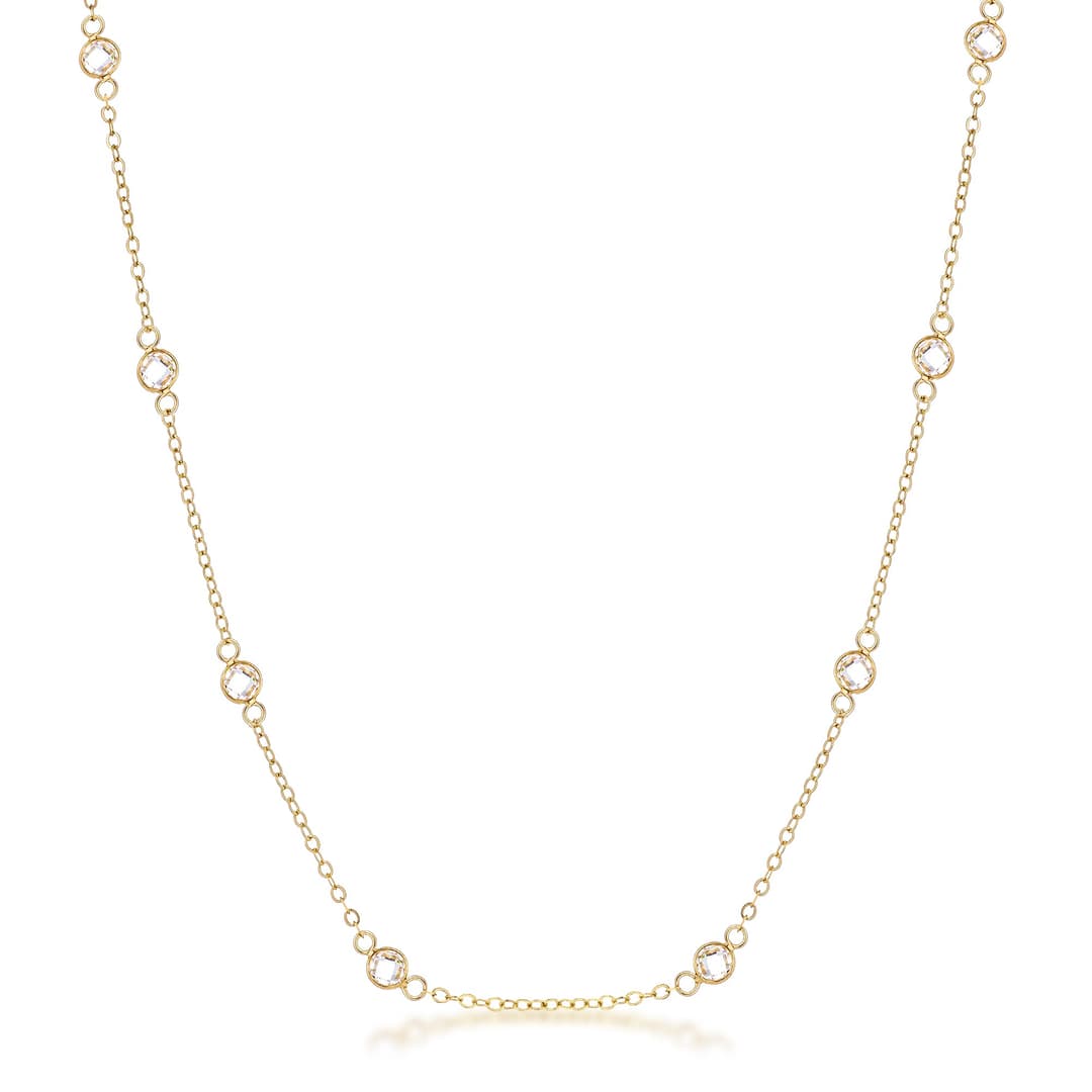 16" 18k Gold Plated Clear CZ Round Bezel Saturn Necklace