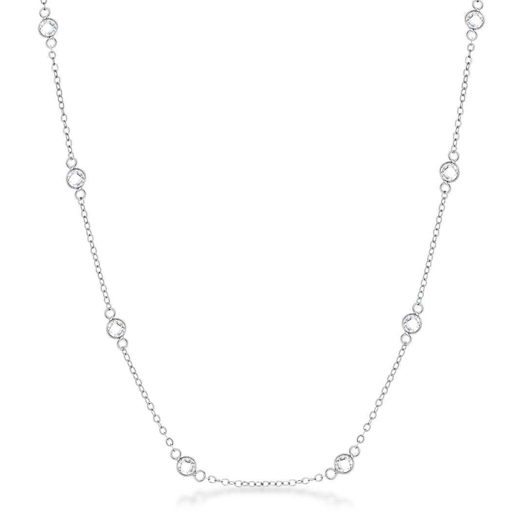16" Rhodium Plated Clear CZ Round Bezel Saturn Necklace